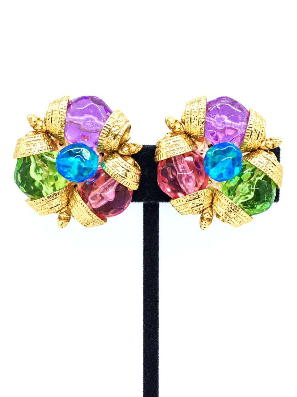 VINTAGE CLIP ON Earrings Multicolor Plastic Bead Cluster Gold Tone Statement